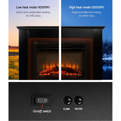 Devanti 2000W Electric Fireplace Mantle Portable Fire Log Wood Heater 3D Flame Effect Black - Devanti