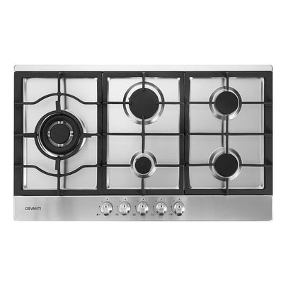 Devanti Gas Cooktop 90cm Kitchen Stove Cooker 5 Burner Stainless Steel NG/LPG Silver - Devanti