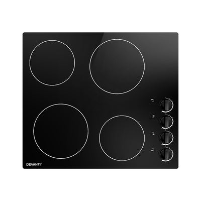 Devanti Ceramic Cooktop 60cm Electric Kitchen Burner Cooker 4 Zone Knobs Control Black