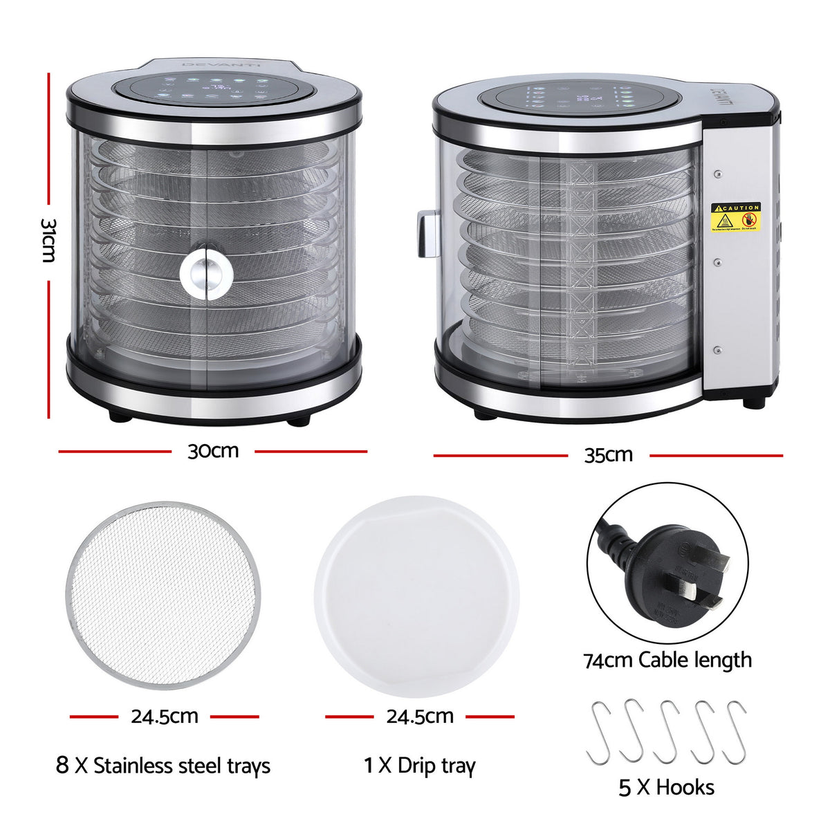 Devanti 8 Trays Food Dehydrator Stainless Steel Auto-Rotate 10 Program