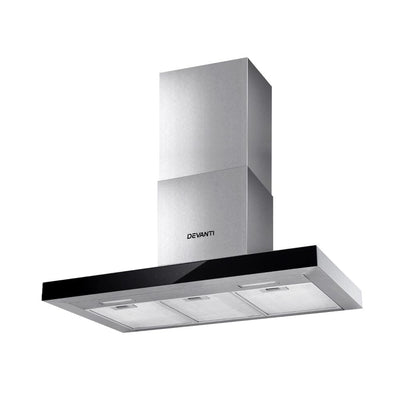 Devanti Range Hood 900mm Rangehood 90cm Stainless Steel Glass Kitchen Canopy Black - Devanti