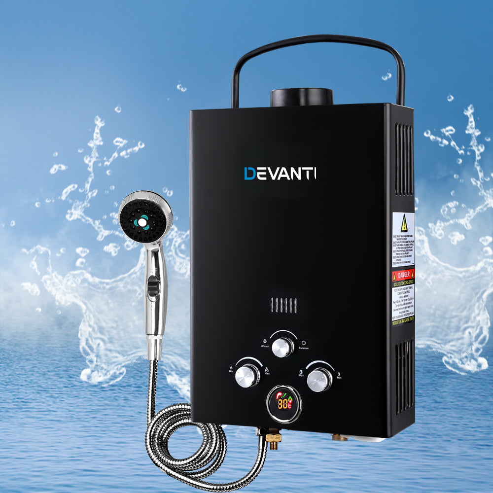 Devanti Portable Gas Water Heater 8L/Min LPG System Black